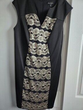 Black Dress with Gold Lace Panel - Women's Elegant Sheath Dress